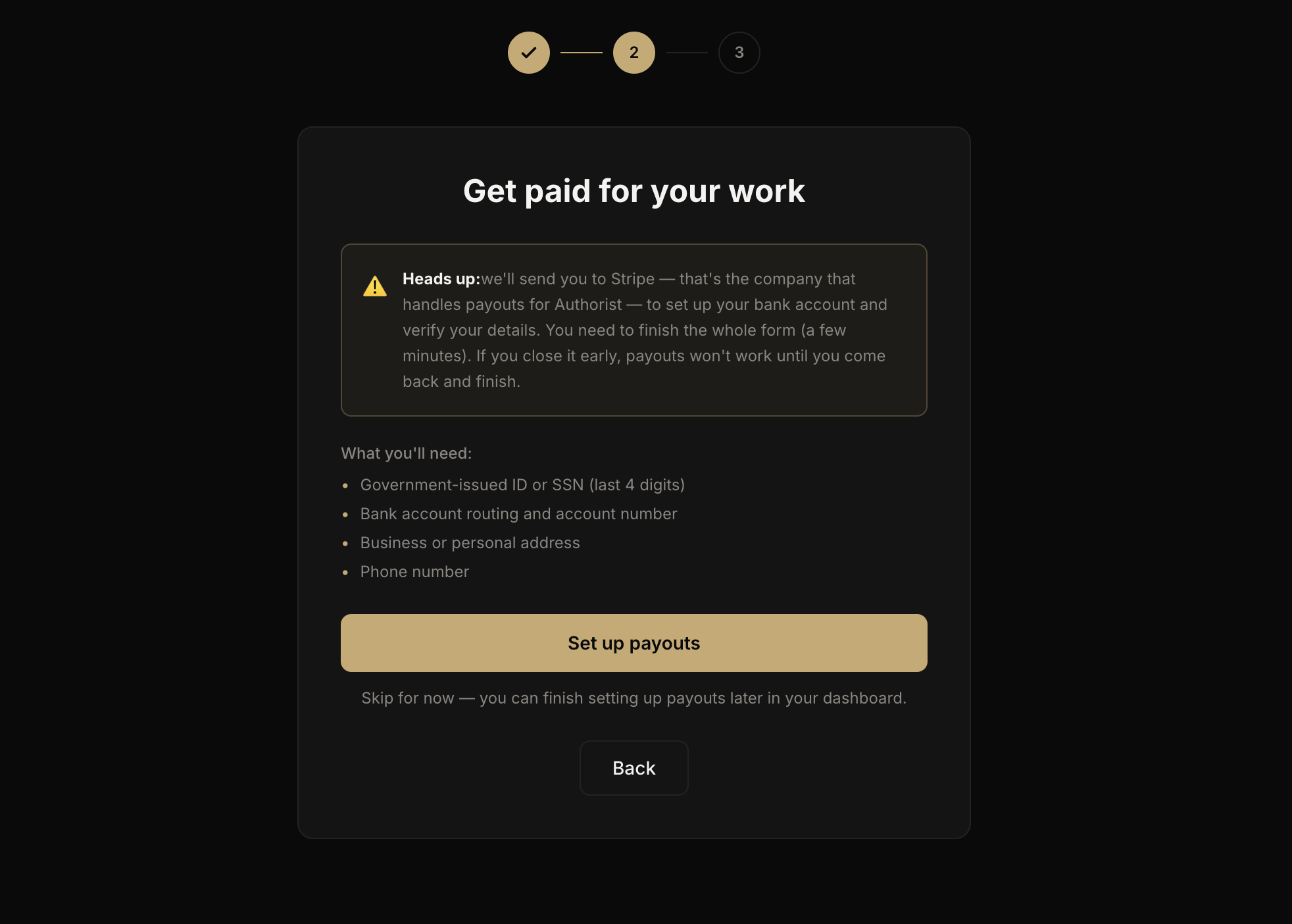 Get paid for your work payouts step with Set up payouts and Skip for now options