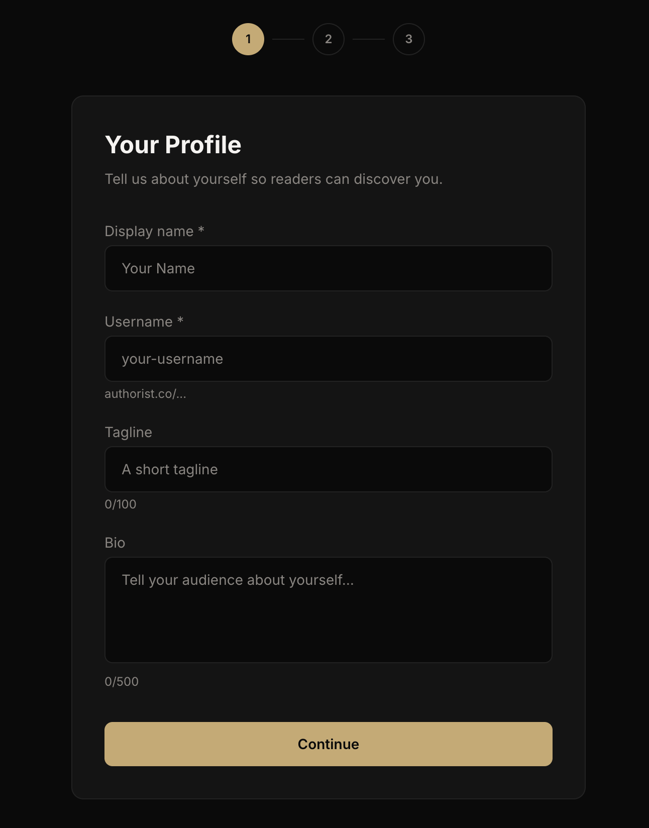 Your Profile onboarding step with display name and username fields