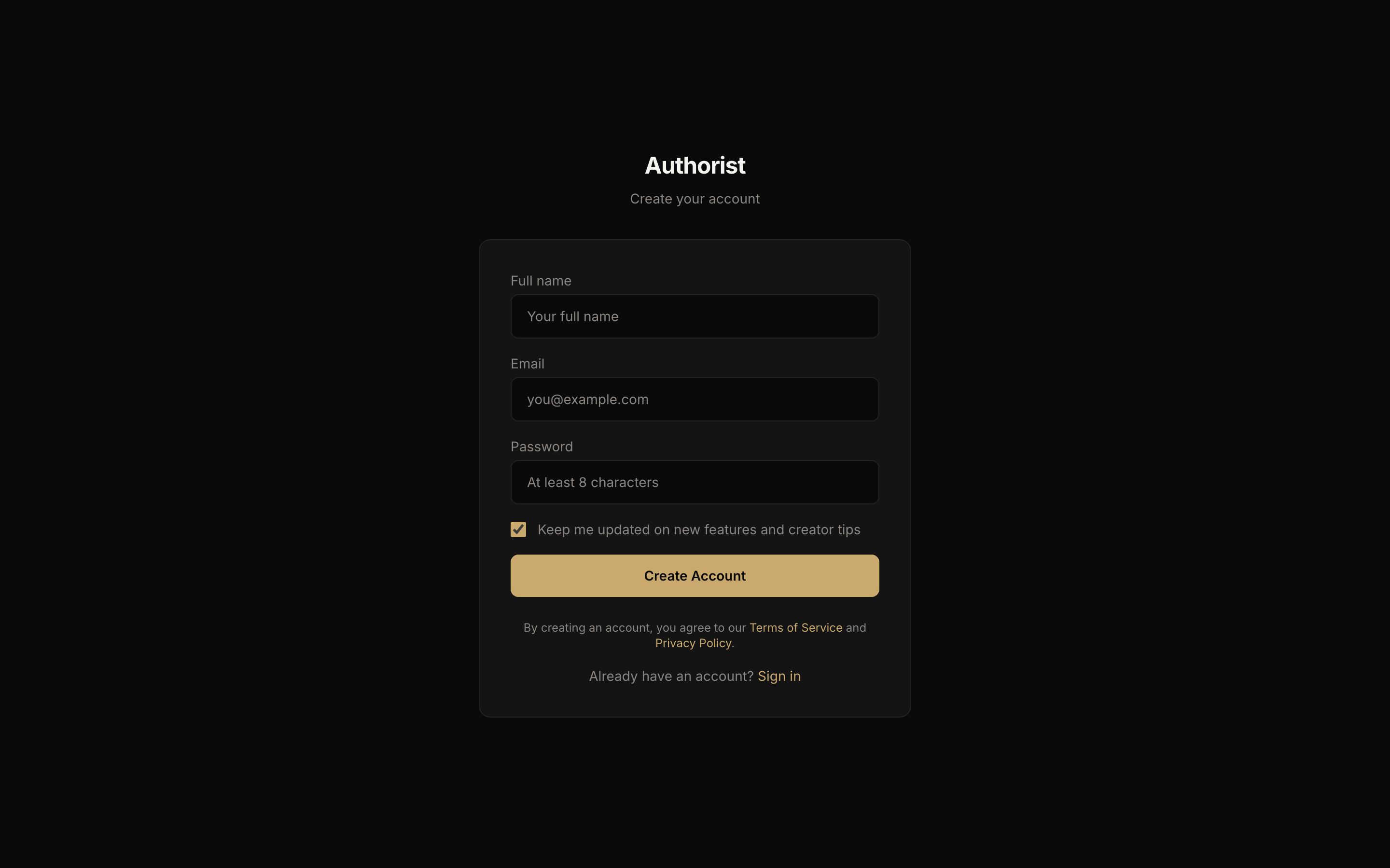 Authorist signup form with full name, email, and password fields