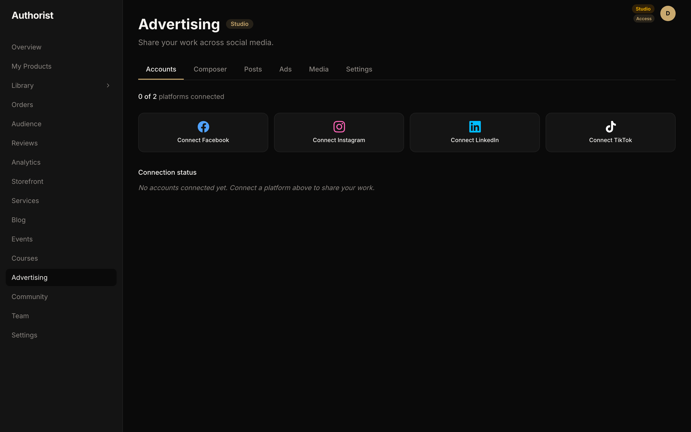 The Advertising area with the Accounts tab selected