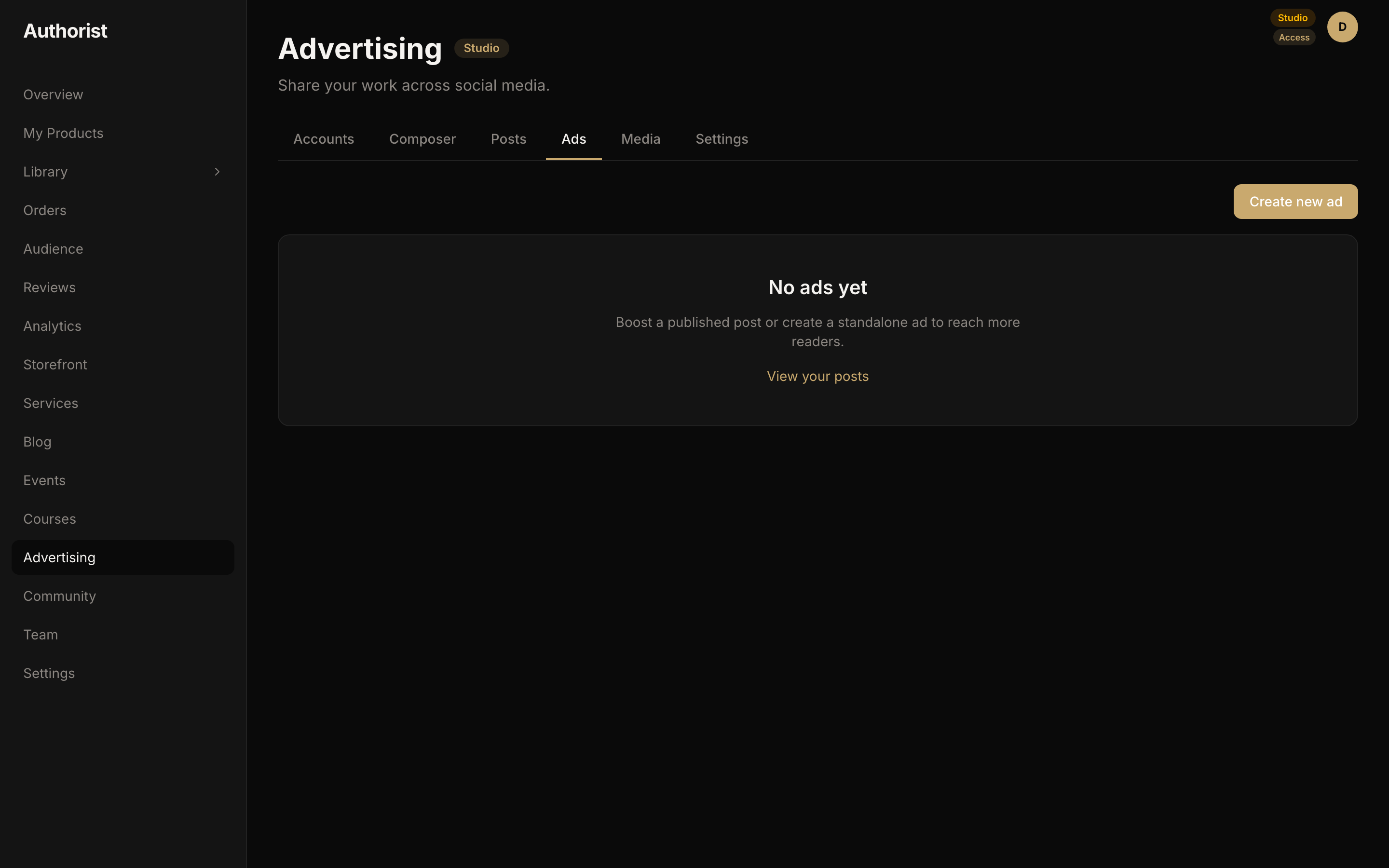 Creating a new ad in the Authorist Ads tab