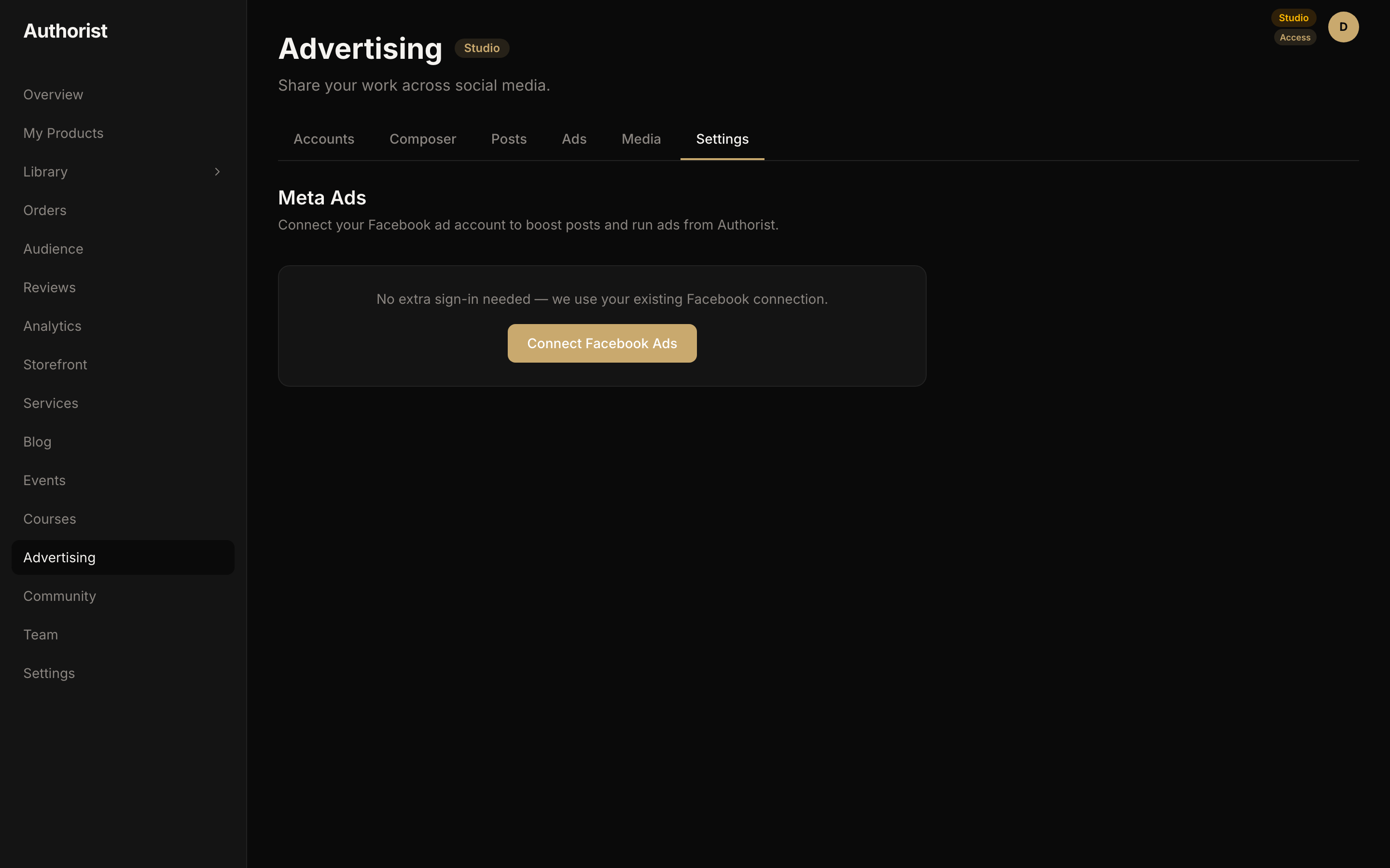 Meta Ads section of Authorist advertising settings with a Connect Facebook Ads button